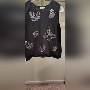 Talbots Black Sweater Top with White Butterfly Embroidery